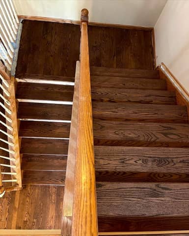 Close view of refinished red oak hardwood grain