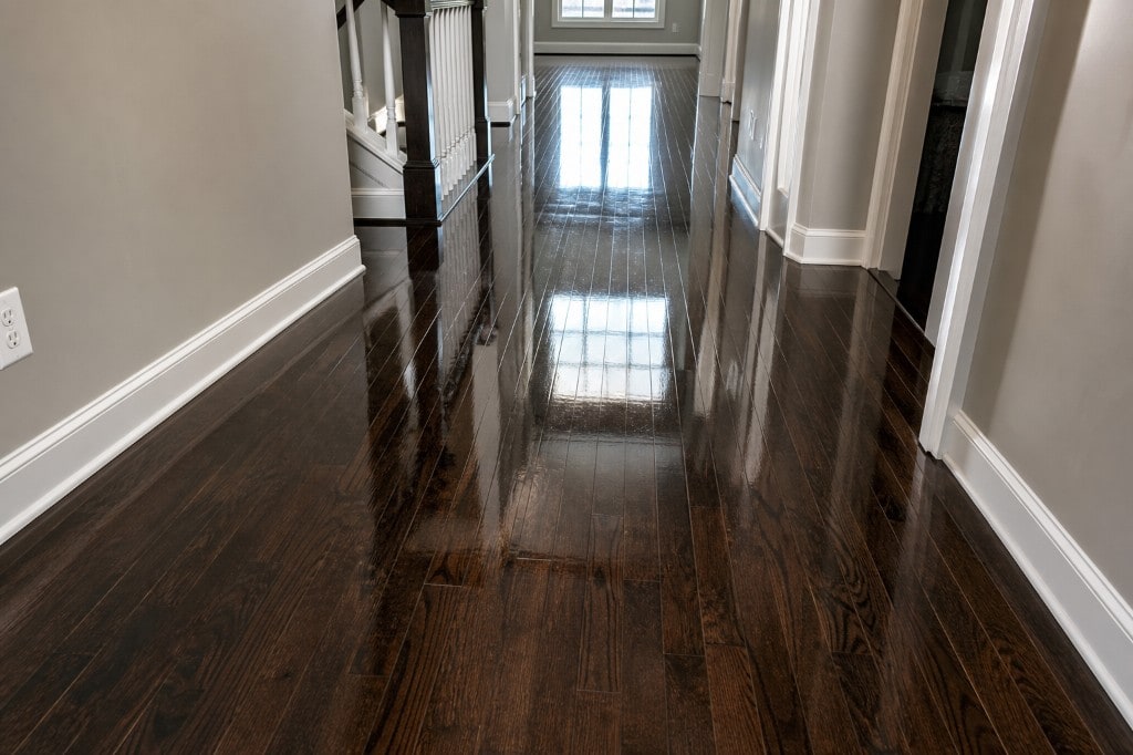 Freshly refinished dark hardwood with a high-gloss coat reflecting a window
