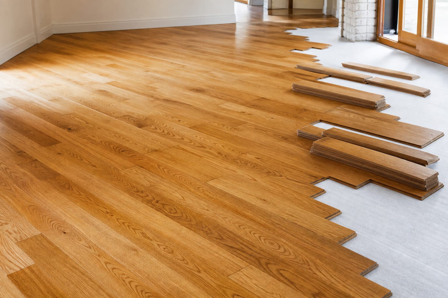 Warm honey oak hardwood planks newly installed in an empty room
