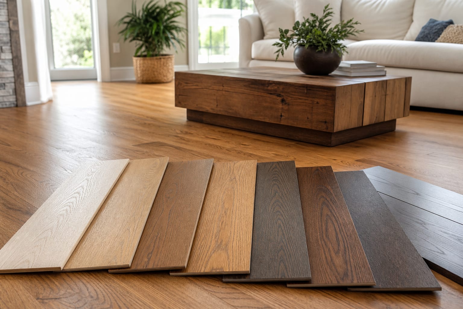 Hardwood flooring sample boards laid out for species and stain selection