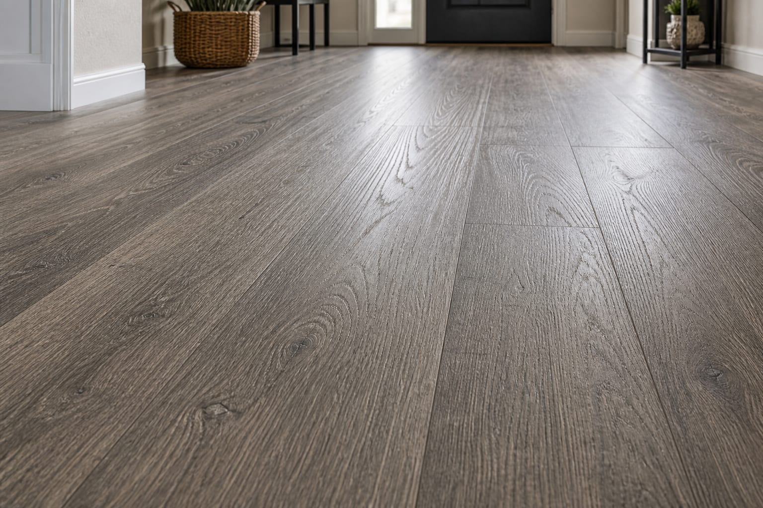 Grey wood-look laminate plank flooring in a bright residential hallway